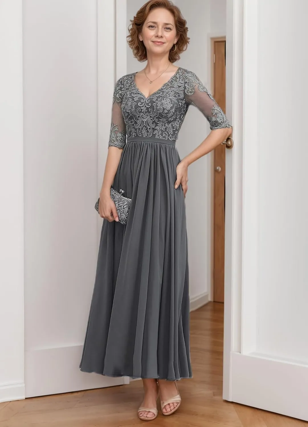 Tea Length Mother of The Bride Dresses for Women 2025 Chiffon A-line Lace Applique Half Sleeve Formal Dresses