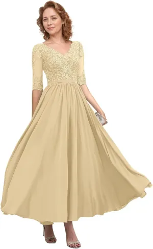 Tea Length Mother of The Bride Dresses for Women 2025 Chiffon A-line Lace Applique Half Sleeve Formal Dresses