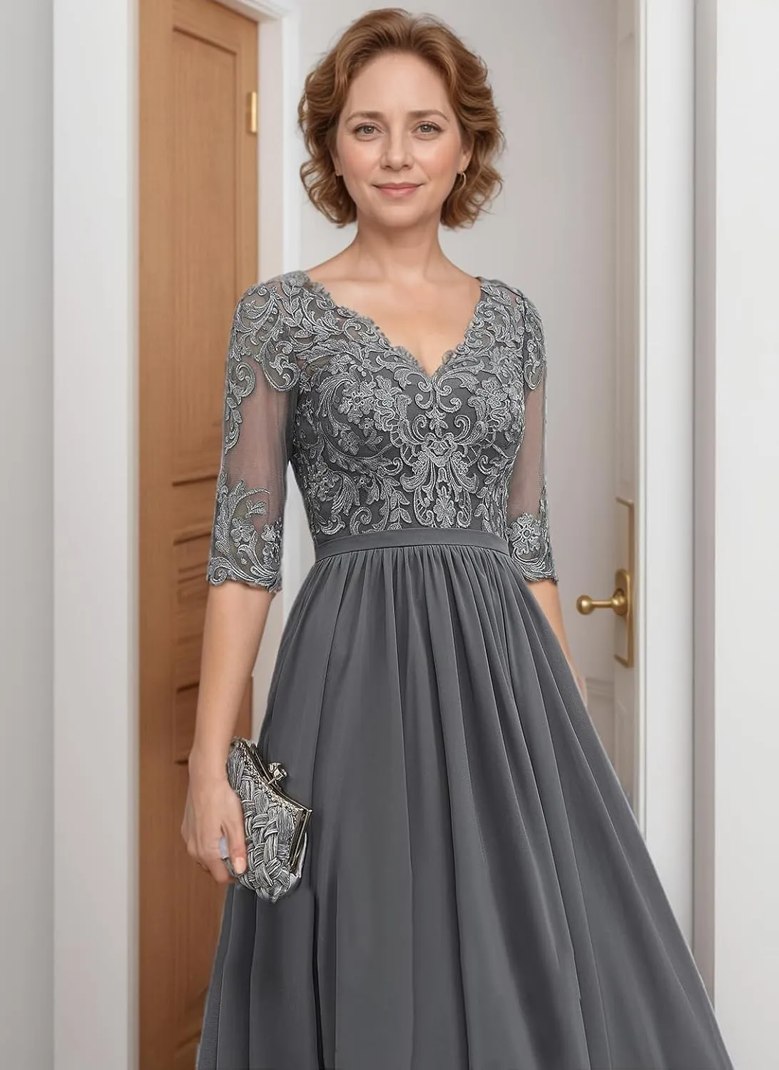 Tea Length Mother of The Bride Dresses for Women 2025 Chiffon A-line Lace Applique Half Sleeve Formal Dresses