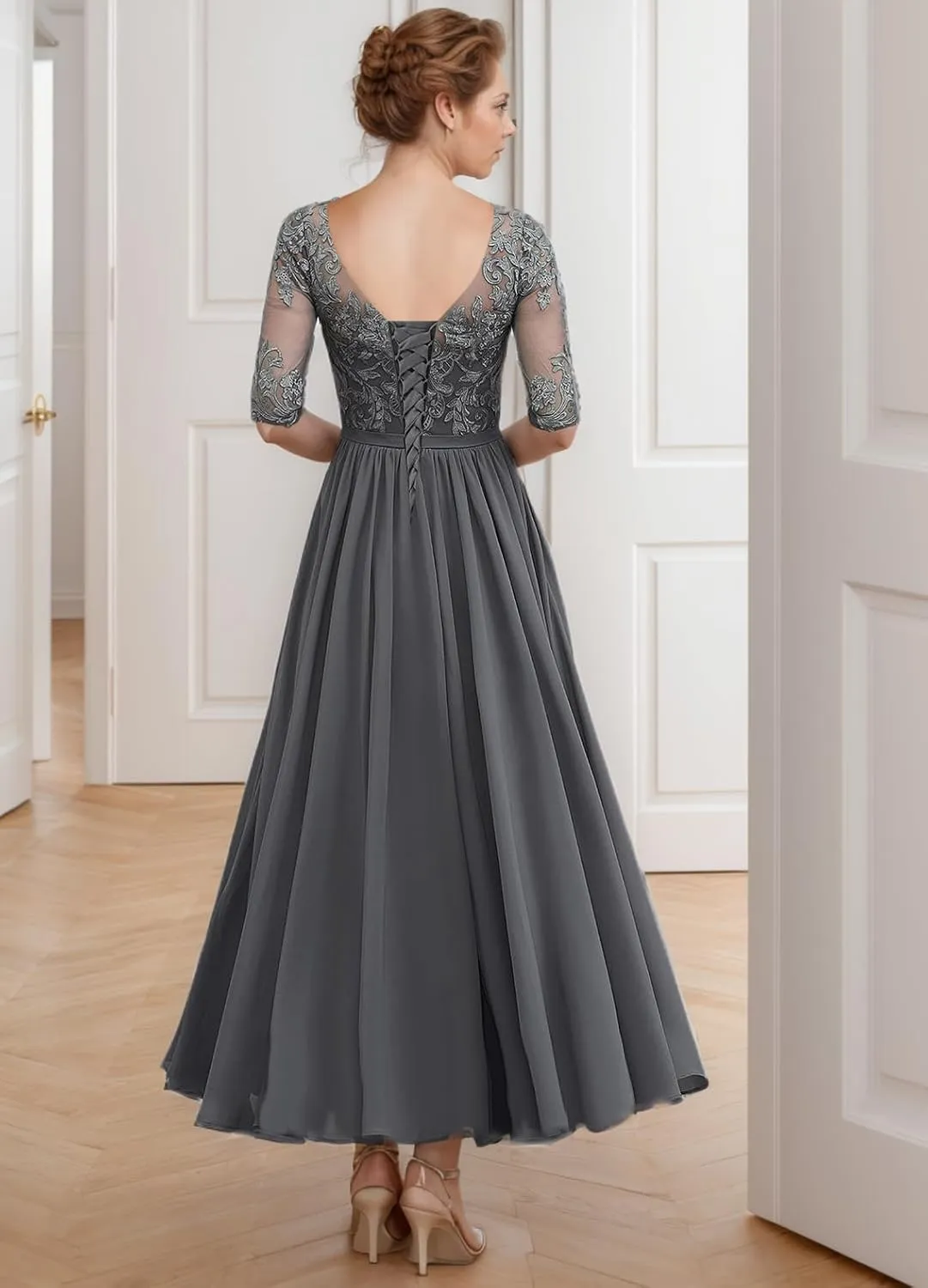 Tea Length Mother of The Bride Dresses for Women 2025 Chiffon A-line Lace Applique Half Sleeve Formal Dresses
