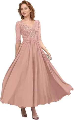 Tea Length Mother of The Bride Dresses for Women 2025 Chiffon A-line Lace Applique Half Sleeve Formal Dresses