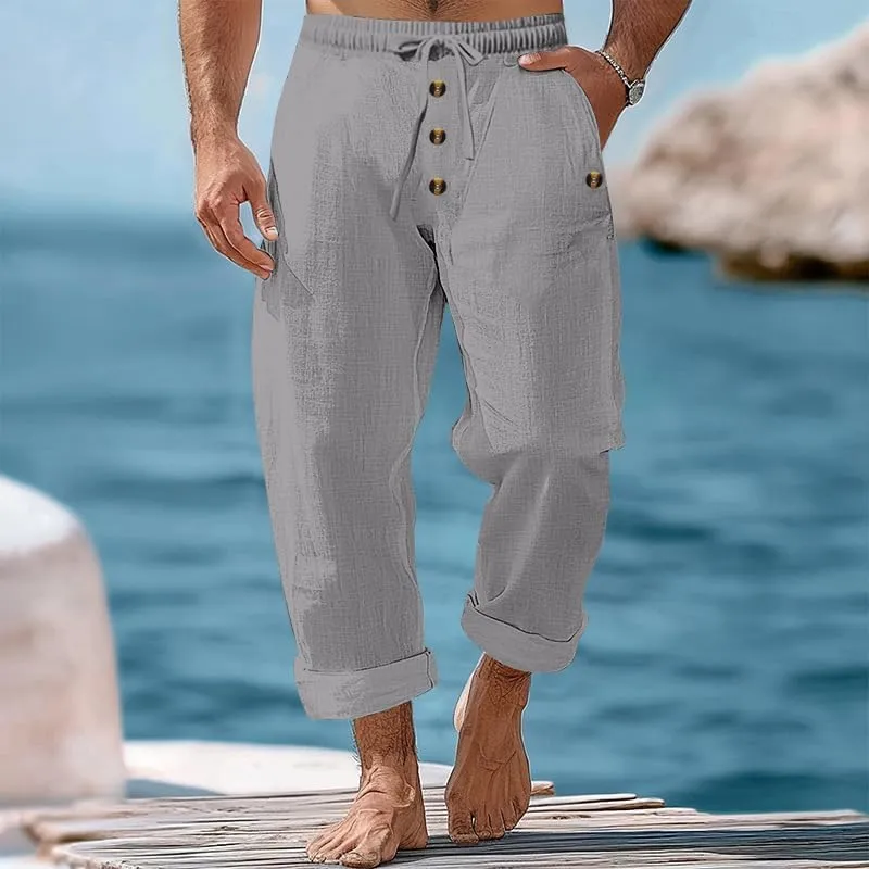 Thatrich Mens Casual Cotton Linen Pants Wide Leg Elastic Waist Button Trousers Loose Fit Lightweight Breathable Beach Slacks