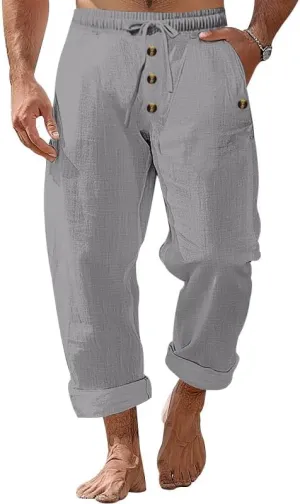 Thatrich Mens Casual Cotton Linen Pants Wide Leg Elastic Waist Button Trousers Loose Fit Lightweight Breathable Beach Slacks