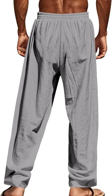 Thatrich Mens Casual Cotton Linen Pants Wide Leg Elastic Waist Button Trousers Loose Fit Lightweight Breathable Beach Slacks