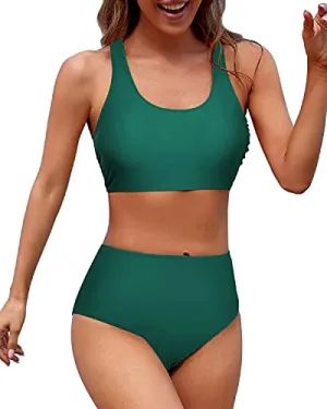 Two Piece High Waisted Bikini Sports Crop Top Swimsuit For Teen Girls-Emerald Green