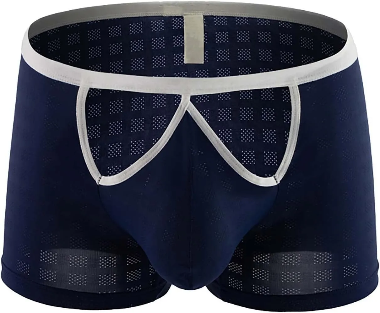 Underwear for Mens Sexy Boxer Briefs Mesh Hollow Out Bikini Breathable Cheeky Underpants Bulge Pouch Trunks for Male