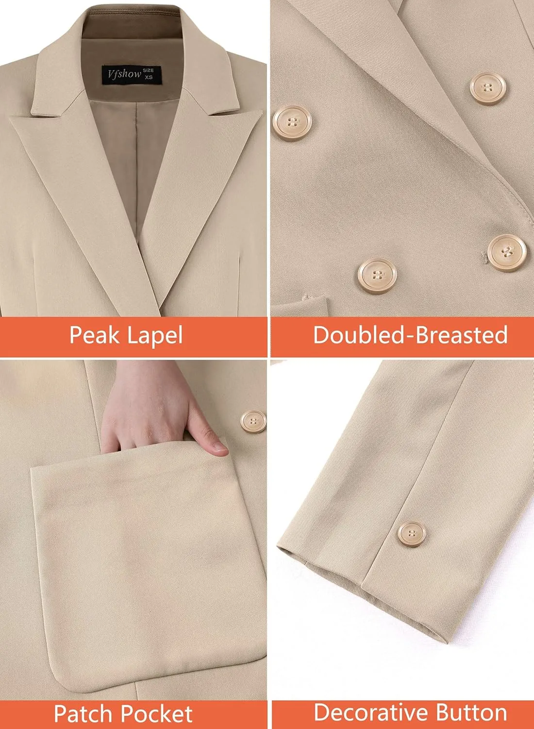 VFSHOW Womens Open Front Peak Lapel Double Breasted Back Slit Pockets Office Business Work Slim Blazer Jacket