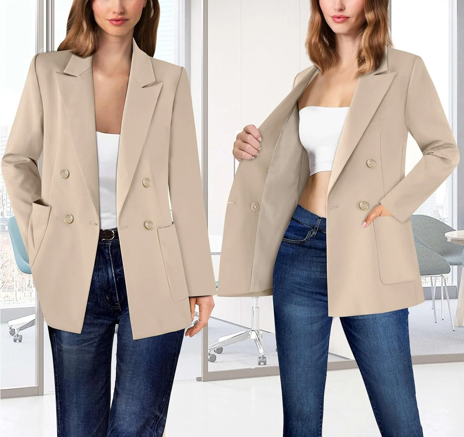 VFSHOW Womens Open Front Peak Lapel Double Breasted Back Slit Pockets Office Business Work Slim Blazer Jacket