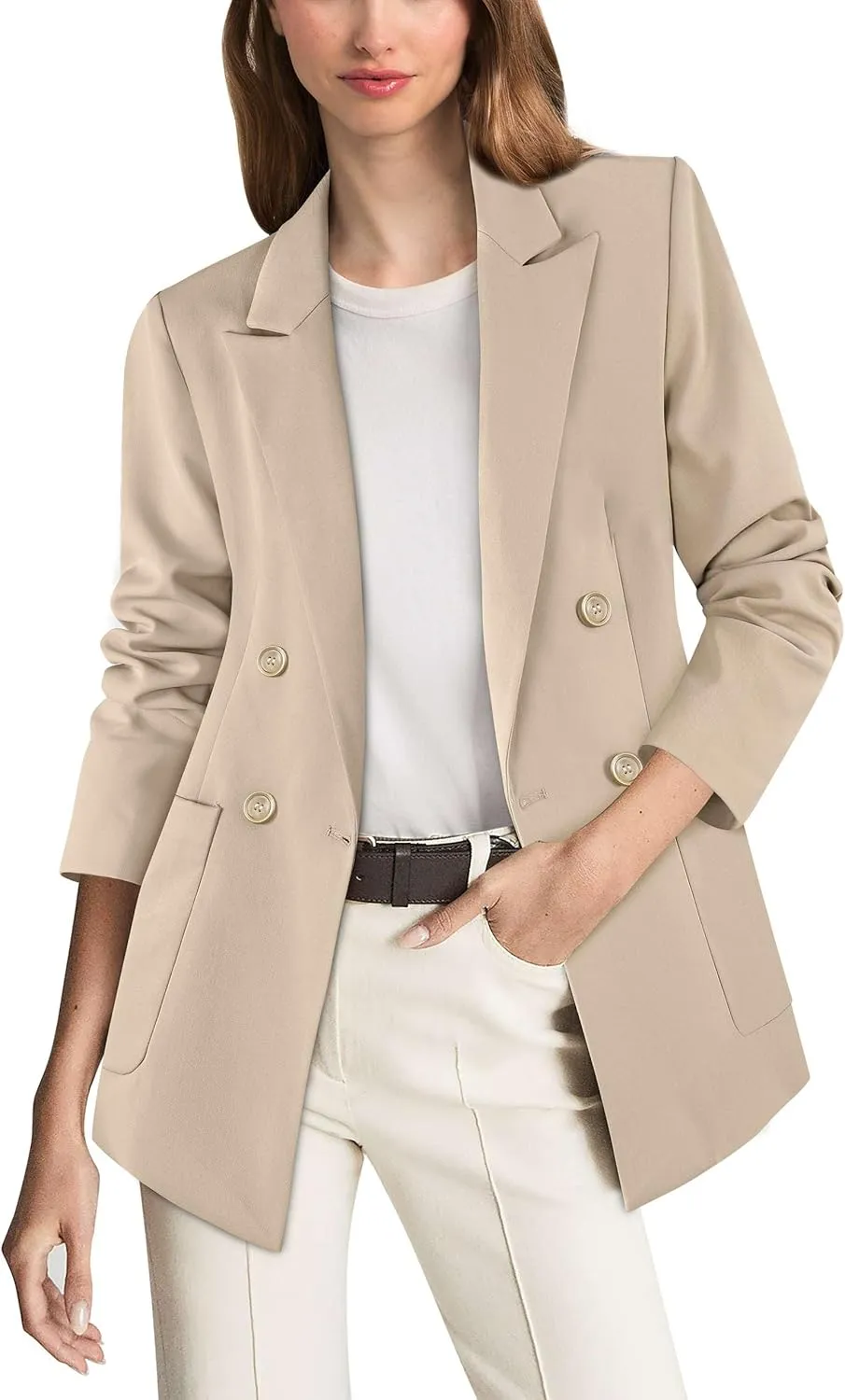 VFSHOW Womens Open Front Peak Lapel Double Breasted Back Slit Pockets Office Business Work Slim Blazer Jacket
