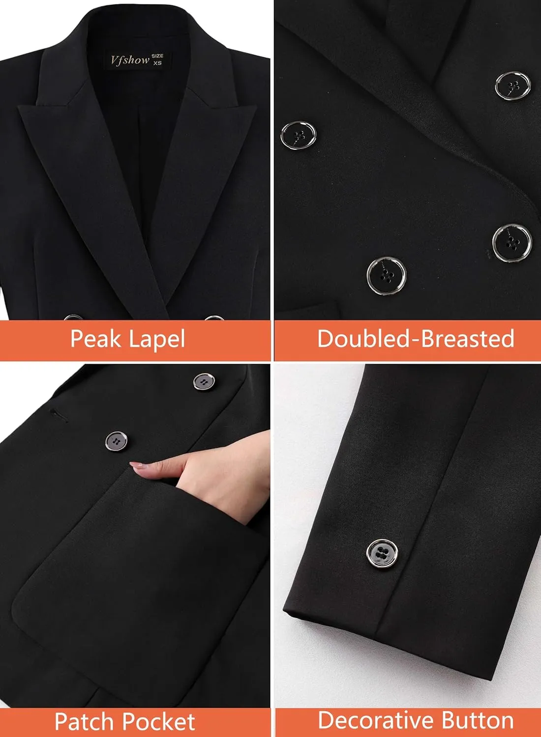 VFSHOW Womens Open Front Peak Lapel Double Breasted Back Slit Pockets Office Business Work Slim Blazer Jacket