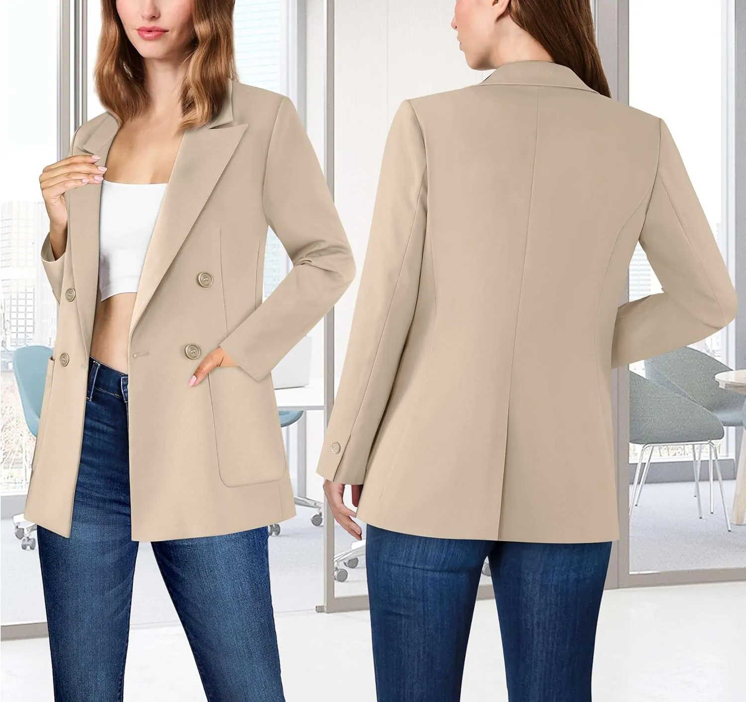 VFSHOW Womens Open Front Peak Lapel Double Breasted Back Slit Pockets Office Business Work Slim Blazer Jacket
