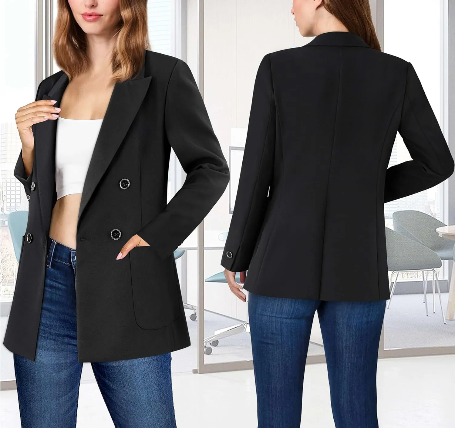 VFSHOW Womens Open Front Peak Lapel Double Breasted Back Slit Pockets Office Business Work Slim Blazer Jacket