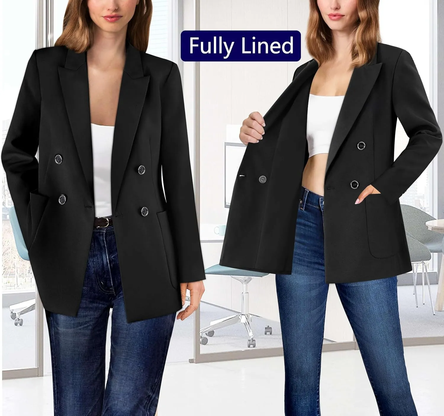 VFSHOW Womens Open Front Peak Lapel Double Breasted Back Slit Pockets Office Business Work Slim Blazer Jacket