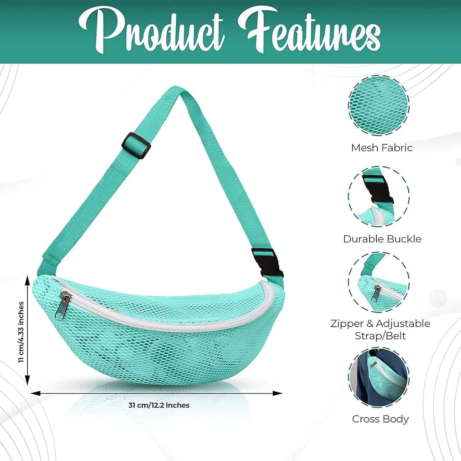 Waist Pack, Nylon Beach Mesh Fanny Pack Breathable Adjustable Belt Outdoor Sports Waist Bag for Traveling, Hiking, Jogging, Cycling (Light Blue)