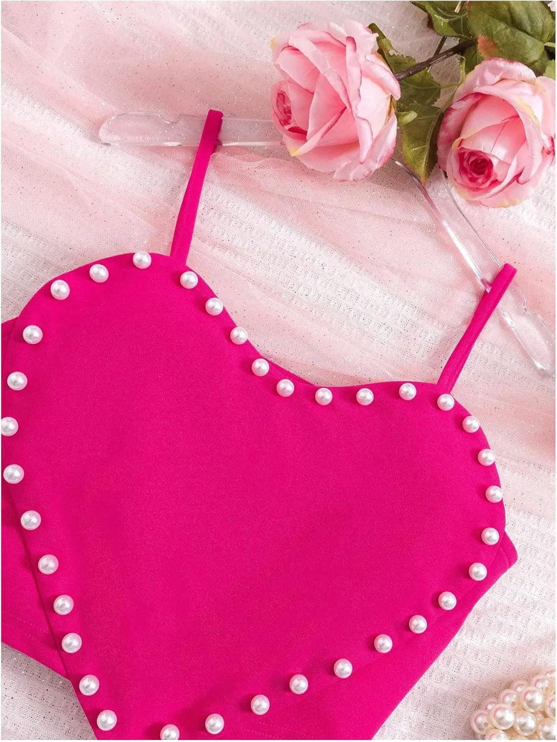 WDIRARA Girl's Heart Pearls Sleeveless Cute Cami Top Spaghetti Strap Camisole