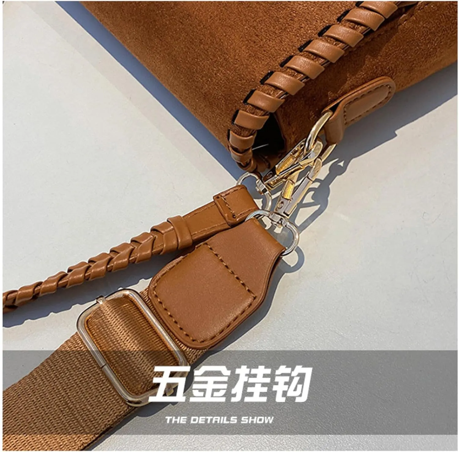 Western Style Women Crossbody Bag Retro Suede Shoulder Purses Weave Border Saddle Handbags Wide Strap Messenger Bags