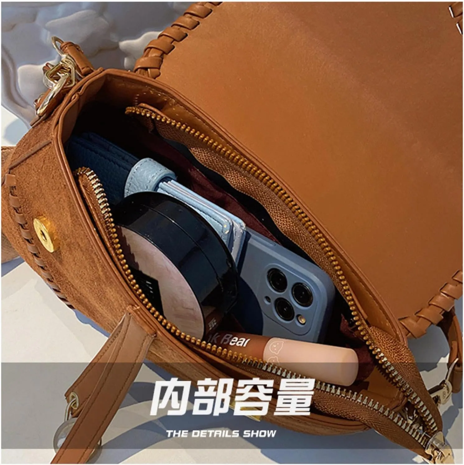 Western Style Women Crossbody Bag Retro Suede Shoulder Purses Weave Border Saddle Handbags Wide Strap Messenger Bags