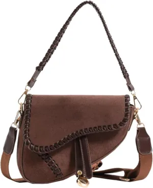 Western Style Women Crossbody Bag Retro Suede Shoulder Purses Weave Border Saddle Handbags Wide Strap Messenger Bags