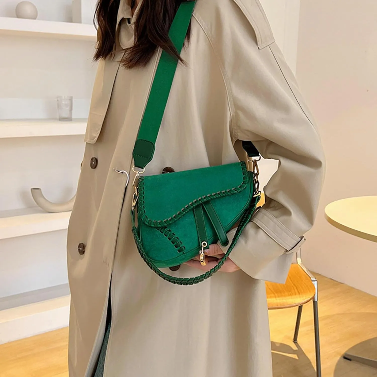 Western Style Women Crossbody Bag Retro Suede Shoulder Purses Weave Border Saddle Handbags Wide Strap Messenger Bags