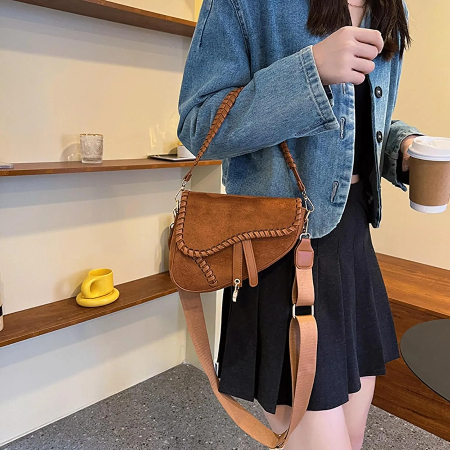 Western Style Women Crossbody Bag Retro Suede Shoulder Purses Weave Border Saddle Handbags Wide Strap Messenger Bags