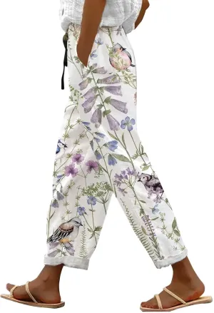 White Linen Pants Women, Cotton Beach Cover Up, Pantalones De Lino, Capri Elastic Waist Trousers Loose Summer Beach Lounge Trousers White 5X-Large