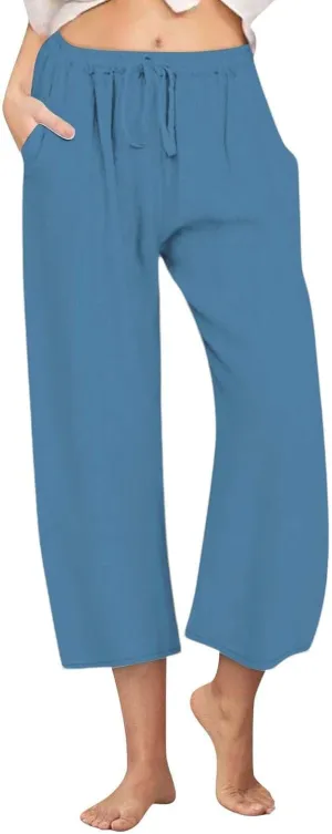 Wide Leg Capris for Women Summer Casual Palazzo Pants Drawstring Elastic Waist Baggy Lightweight Beach Capri Trousers
