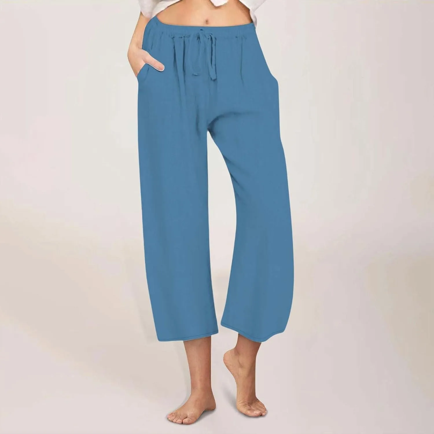 Wide Leg Capris for Women Summer Casual Palazzo Pants Drawstring Elastic Waist Baggy Lightweight Beach Capri Trousers