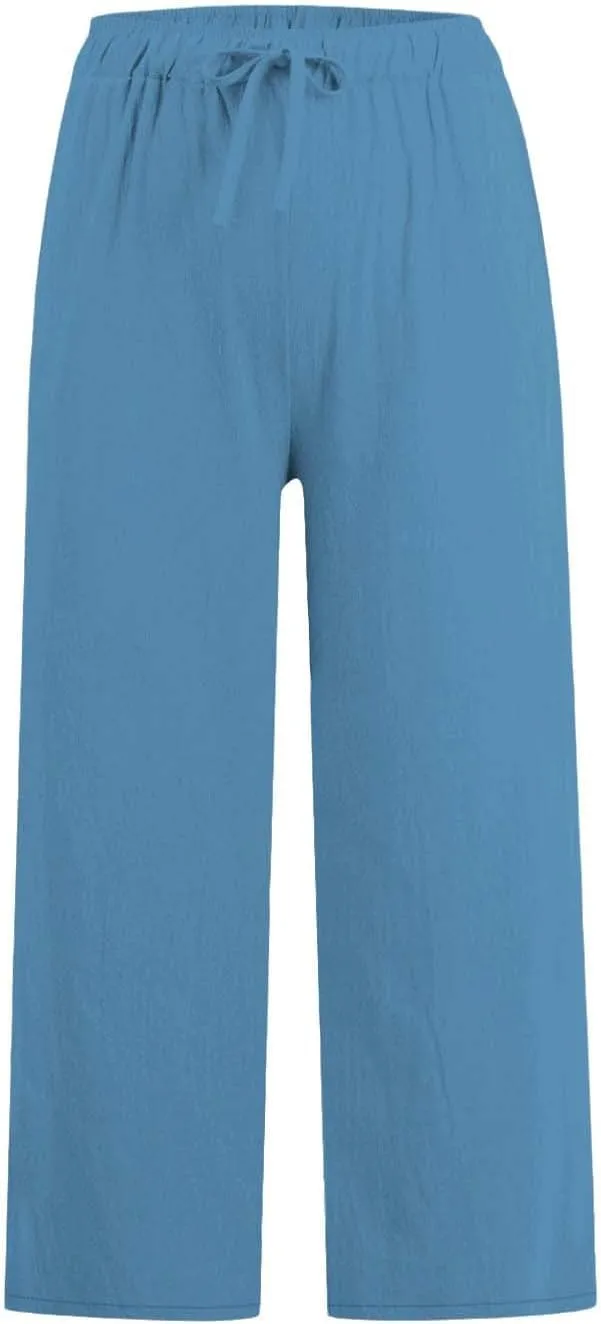 Wide Leg Capris for Women Summer Casual Palazzo Pants Drawstring Elastic Waist Baggy Lightweight Beach Capri Trousers