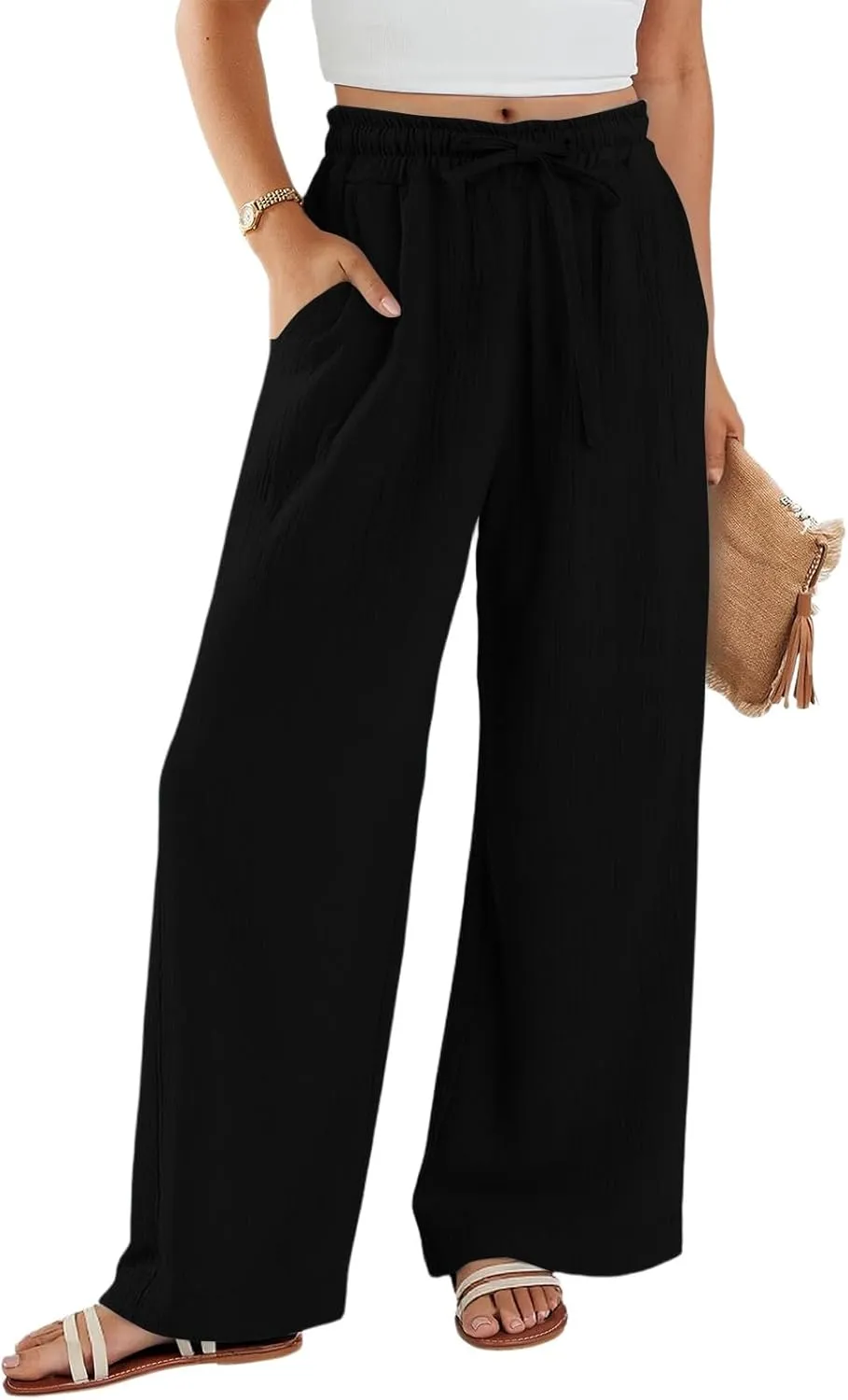 Wide Leg Linen Pants for Women Casual Elastic Waist Loose Fit Flowy Palazzo Pants Comfy Summer Beach Pant with Pockets