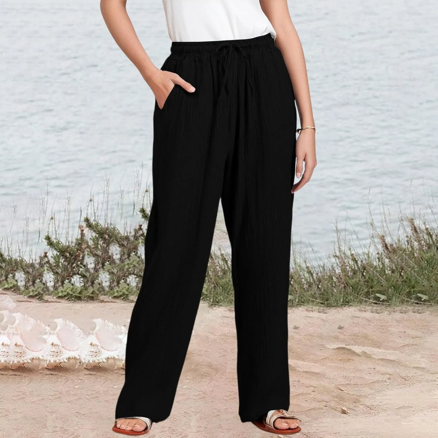 Wide Leg Linen Pants for Women Casual Elastic Waist Loose Fit Flowy Palazzo Pants Comfy Summer Beach Pant with Pockets