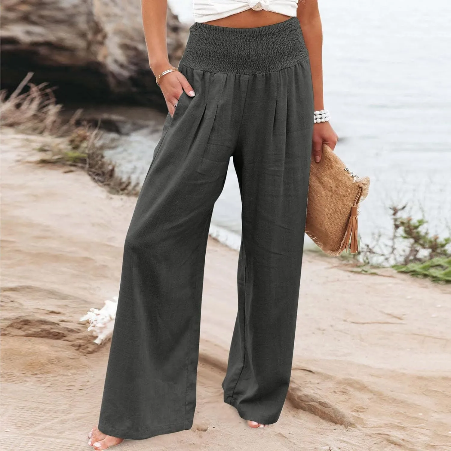 Wide Leg Linen Pants for Women Casual Elastic Waist Palazzo Pants Summer Loose Fit Solid Color Trousers 2025