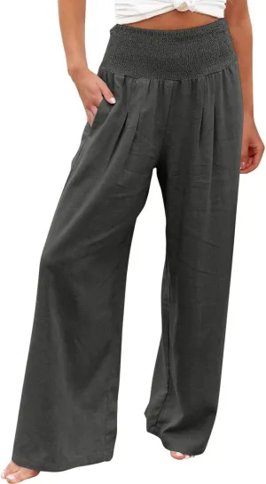 Wide Leg Linen Pants for Women Casual Elastic Waist Palazzo Pants Summer Loose Fit Solid Color Trousers 2025