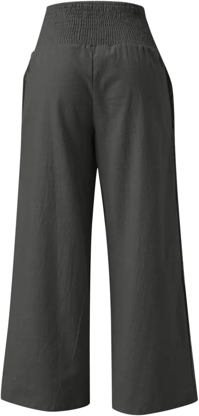 Wide Leg Linen Pants for Women Casual Elastic Waist Palazzo Pants Summer Loose Fit Solid Color Trousers 2025