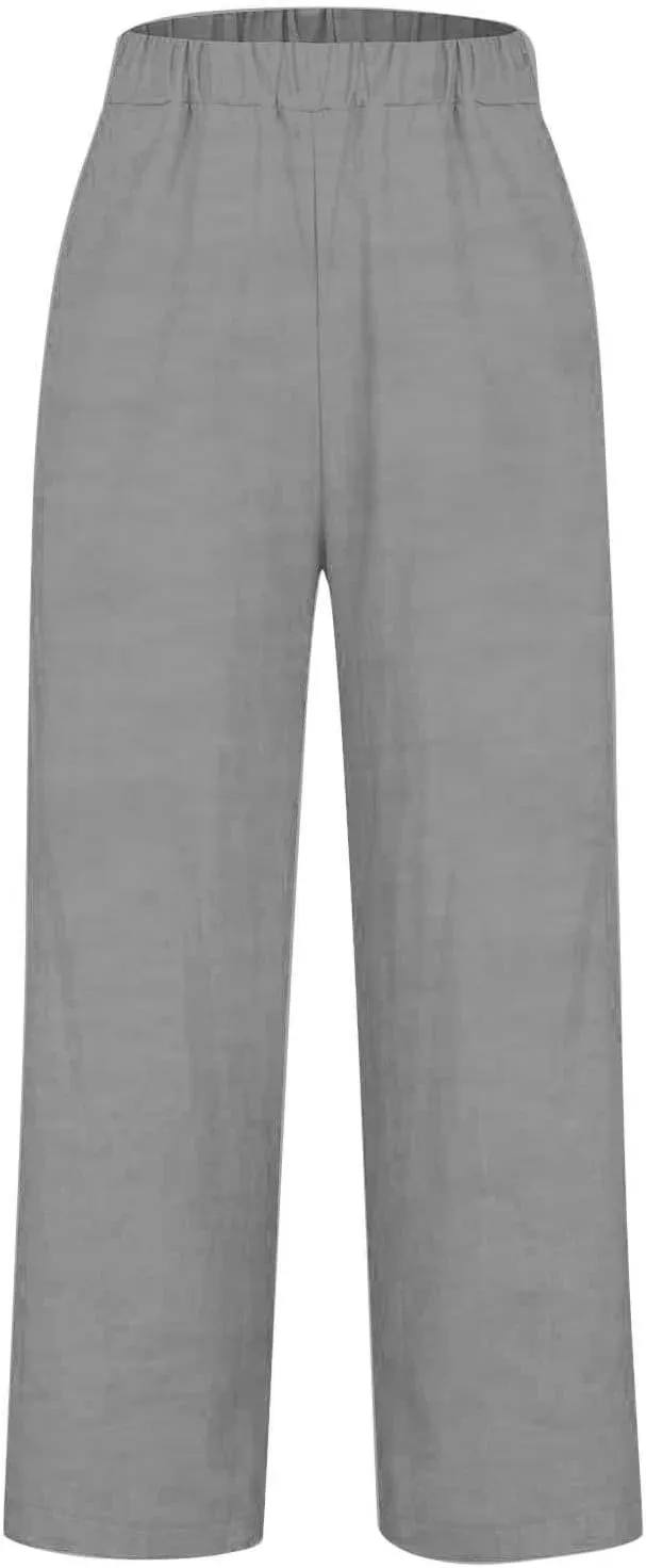 Wide Leg Linen Pants for Women Casual Summer Elastic High Waisted Palazzo Pants Flowy Cropped Trousers with Pockets