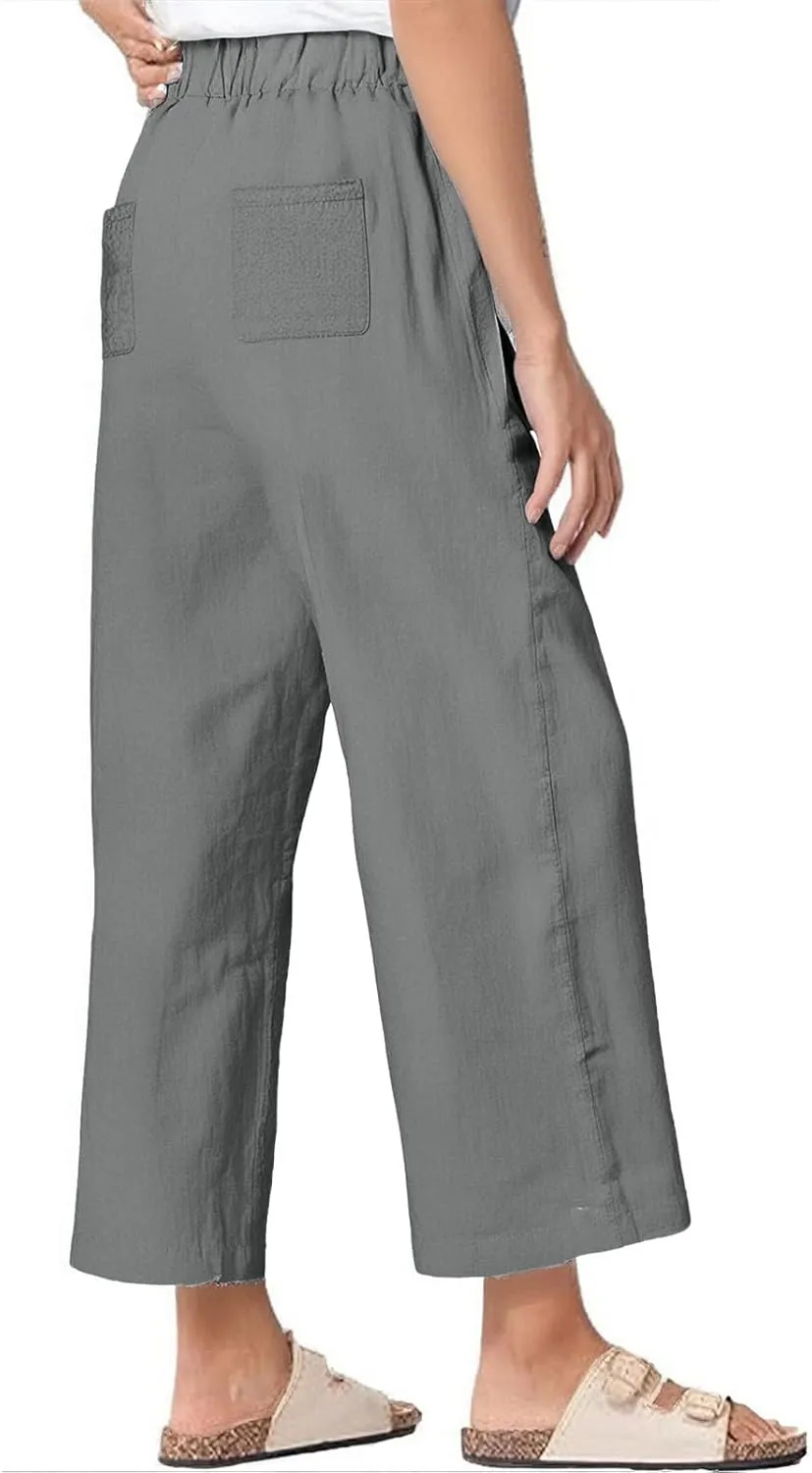 Wide Leg Linen Pants for Women Casual Summer Elastic High Waisted Palazzo Pants Flowy Cropped Trousers with Pockets