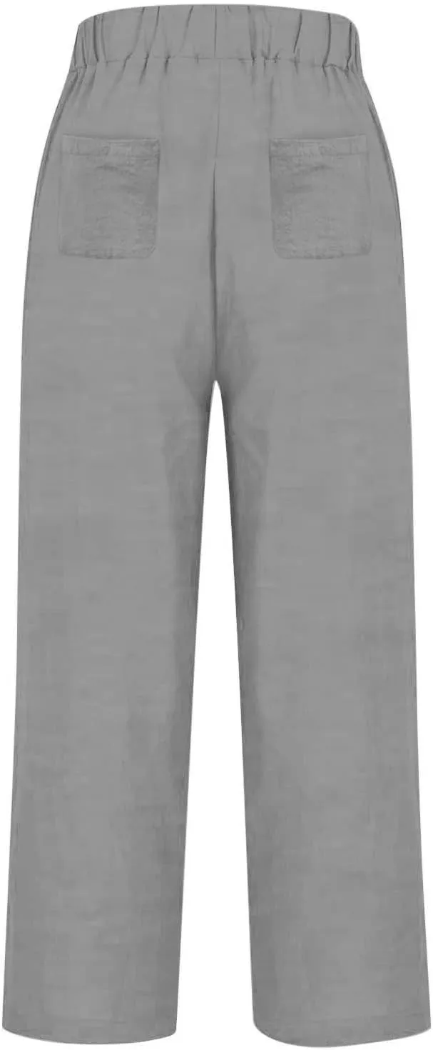 Wide Leg Linen Pants for Women Casual Summer Elastic High Waisted Palazzo Pants Flowy Cropped Trousers with Pockets