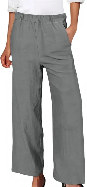 Wide Leg Linen Pants for Women Casual Summer Elastic High Waisted Palazzo Pants Flowy Cropped Trousers with Pockets