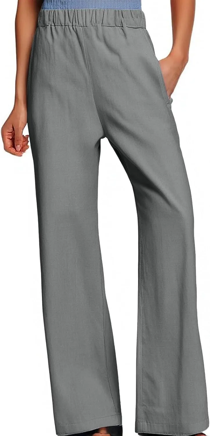 Wide Leg Linen Pants for Women Casual Summer Elastic High Waisted Palazzo Pants Flowy Cropped Trousers with Pockets