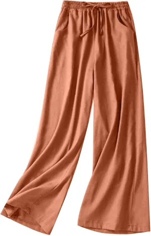 Wide Leg Linen Pants for Women Elastic Waist Drawstring Straight Leg Lounge Trousers Summer Palazzo Pants