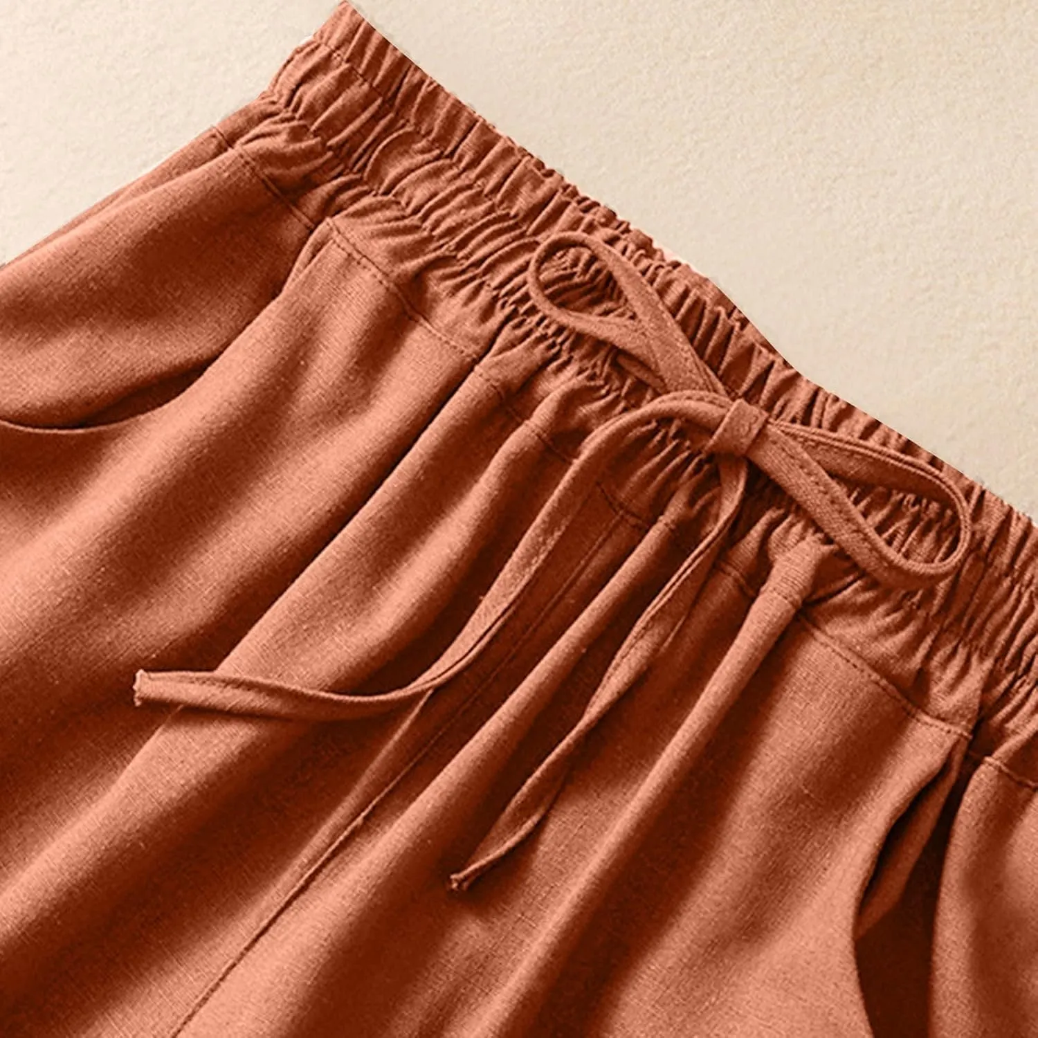 Wide Leg Linen Pants for Women Elastic Waist Drawstring Straight Leg Lounge Trousers Summer Palazzo Pants