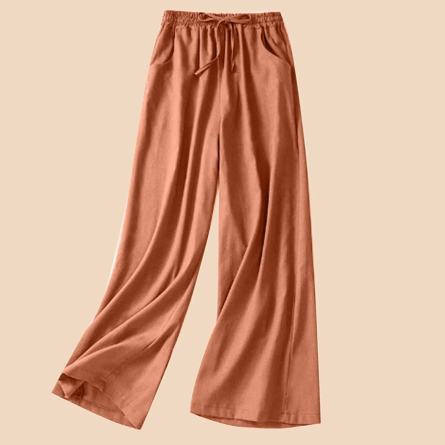 Wide Leg Linen Pants for Women Elastic Waist Drawstring Straight Leg Lounge Trousers Summer Palazzo Pants