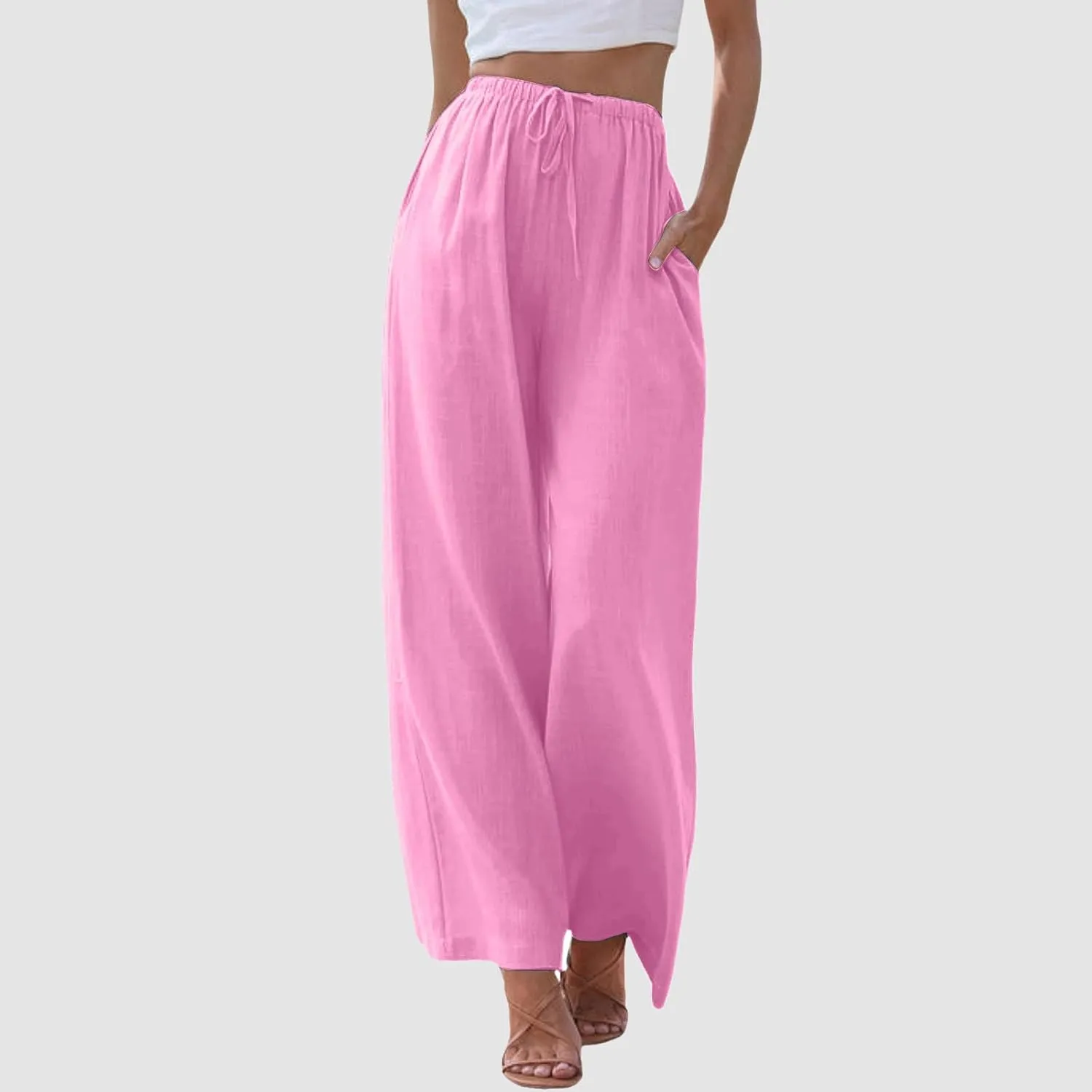 Wide Leg Linen Pants for Women Flowy Summer High Waisted Beach Palazzo Trousers Loose Preppy Yoga Pants Trendy Womens Fashion