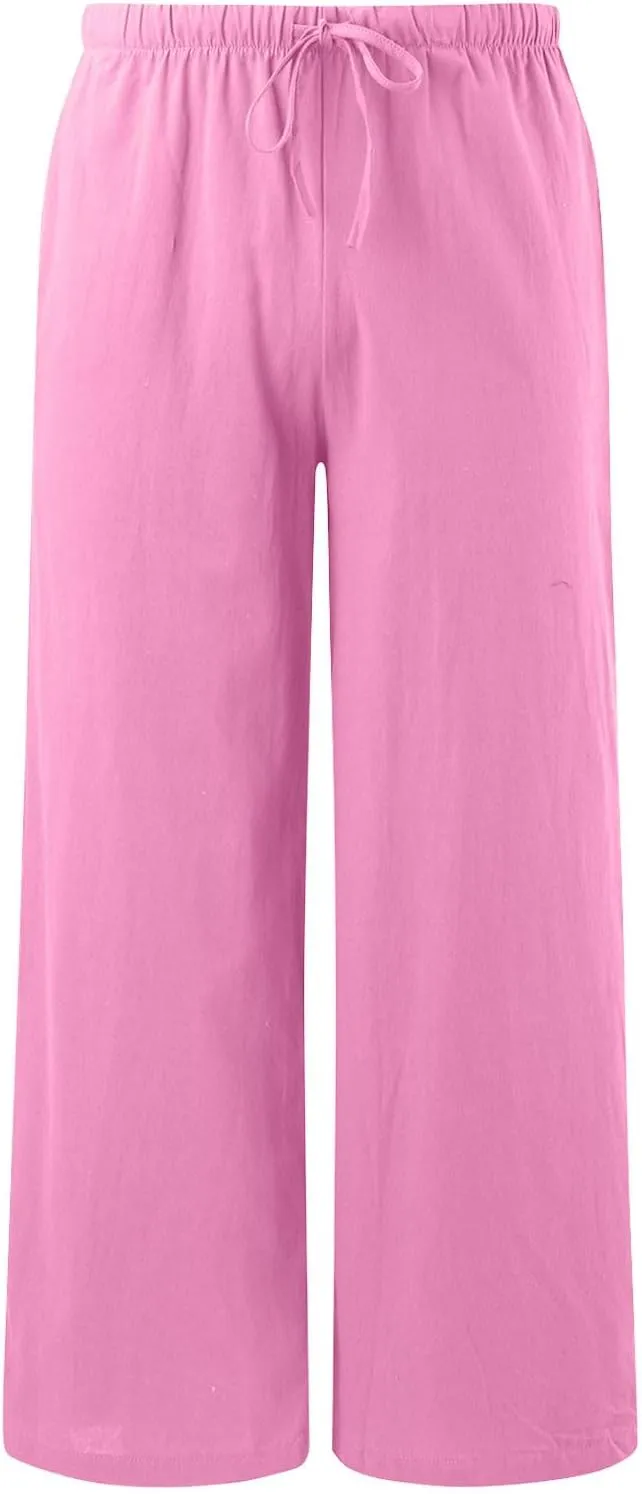 Wide Leg Linen Pants for Women Flowy Summer High Waisted Beach Palazzo Trousers Loose Preppy Yoga Pants Trendy Womens Fashion