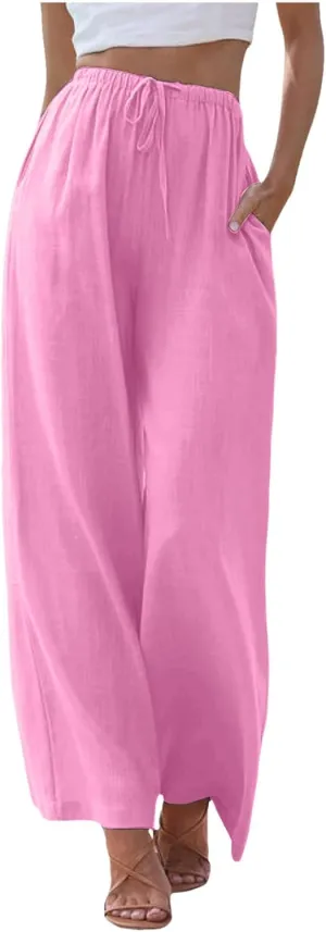 Wide Leg Linen Pants for Women Flowy Summer High Waisted Beach Palazzo Trousers Loose Preppy Yoga Pants Trendy Womens Fashion