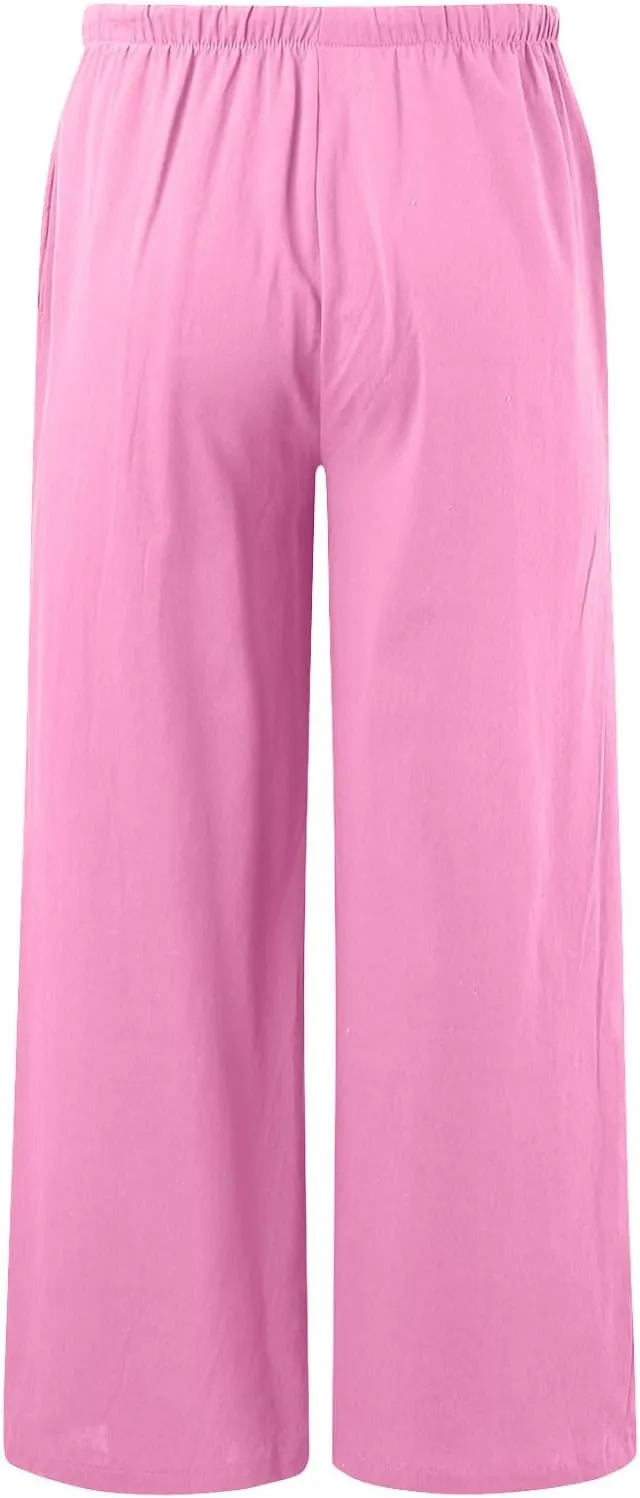 Wide Leg Linen Pants for Women Flowy Summer High Waisted Beach Palazzo Trousers Loose Preppy Yoga Pants Trendy Womens Fashion
