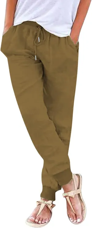 Wide Leg Linen Pants for Women High Waist Casual Loose Fit Summer Lightweight Jogger Palazzo Trouser with Pockets
