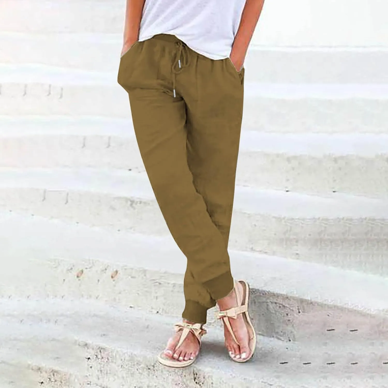 Wide Leg Linen Pants for Women High Waist Casual Loose Fit Summer Lightweight Jogger Palazzo Trouser with Pockets