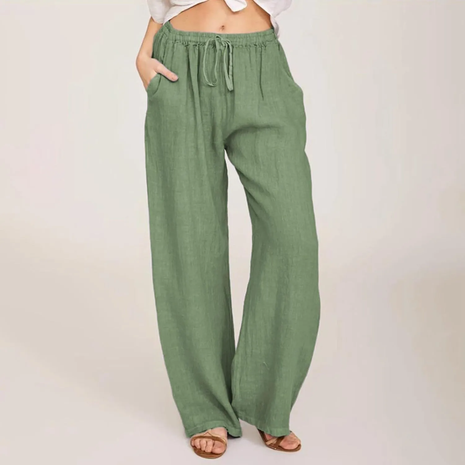 Wide Leg Linen Pants for Women Summer Boho High Waisted Palazzo Pants Lightweight Baggy Comfy Beach Pants with Pocket
