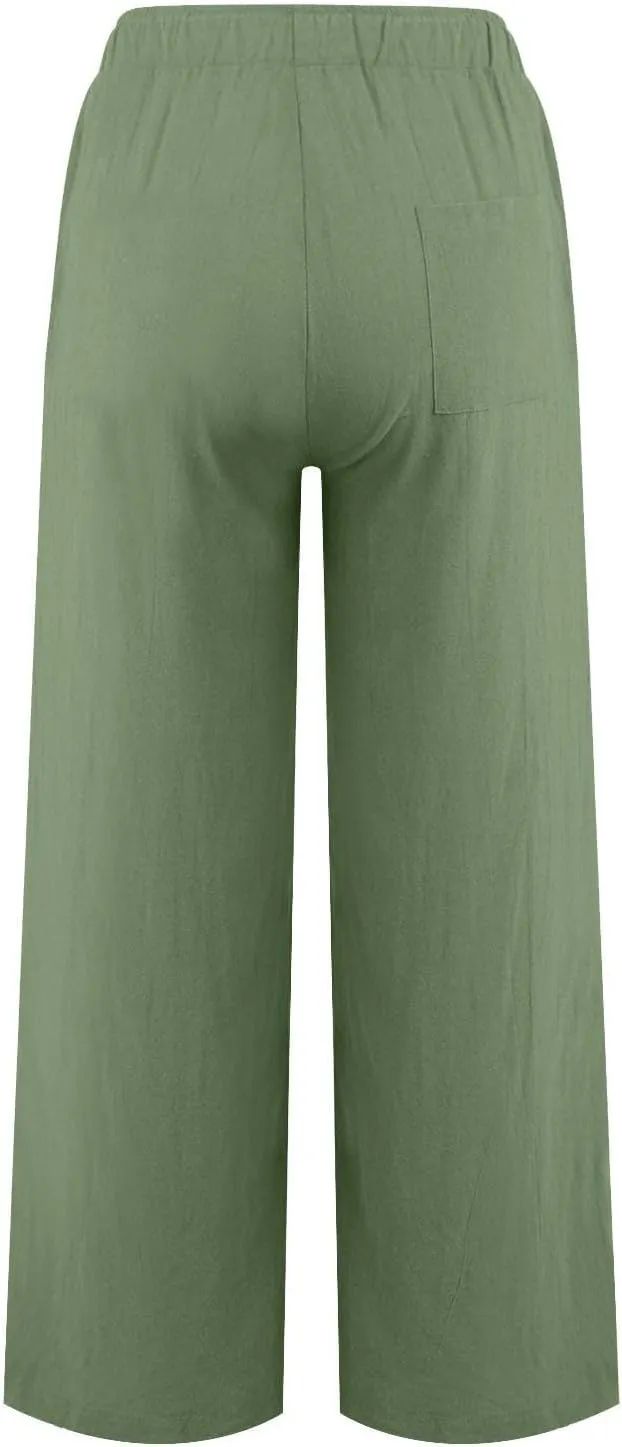 Wide Leg Linen Pants for Women Summer Boho High Waisted Palazzo Pants Lightweight Baggy Comfy Beach Pants with Pocket