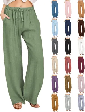 Wide Leg Linen Pants for Women Summer Boho High Waisted Palazzo Pants Lightweight Baggy Comfy Beach Pants with Pocket